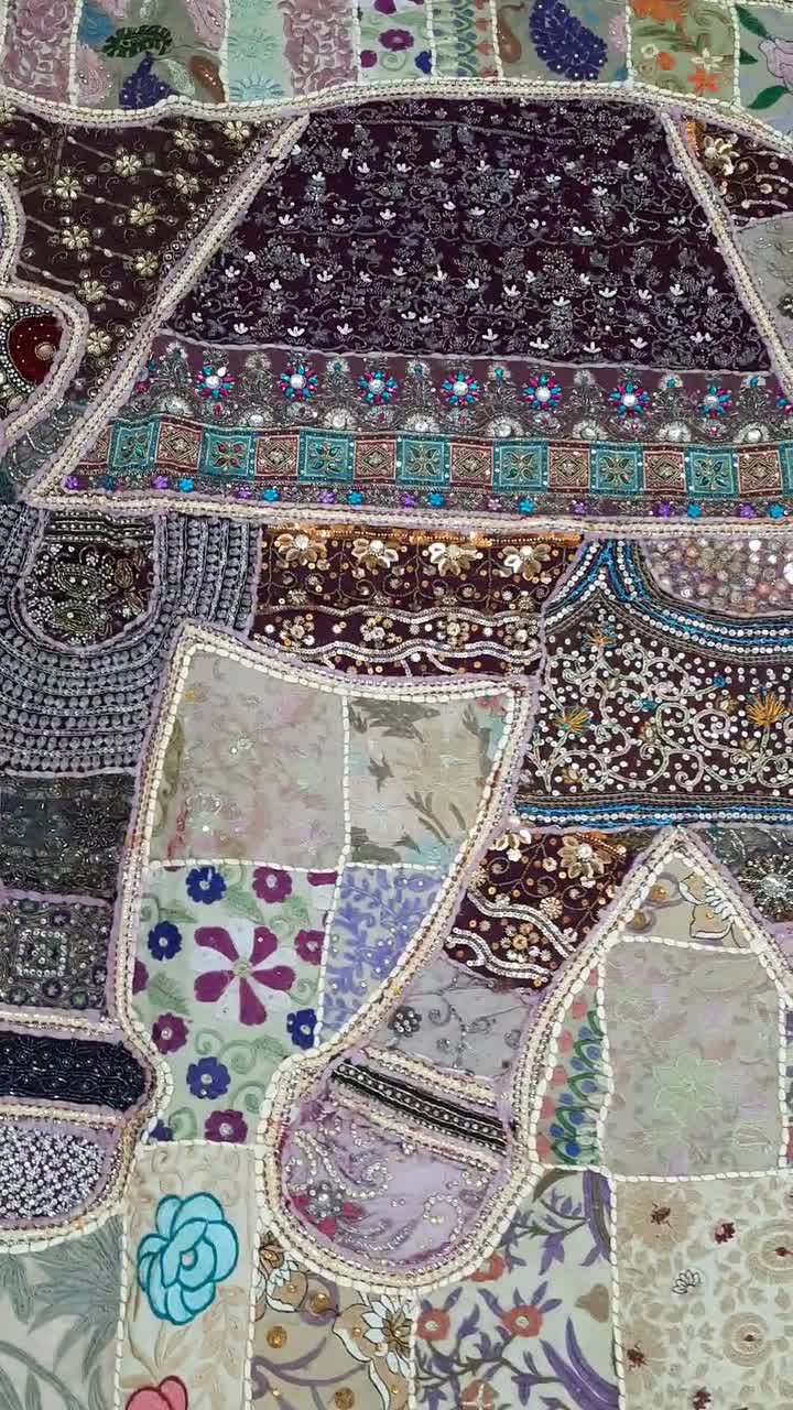 60x90 手刺繍の象のパッチワーク、エスニックな壁掛け、インドの壁掛け