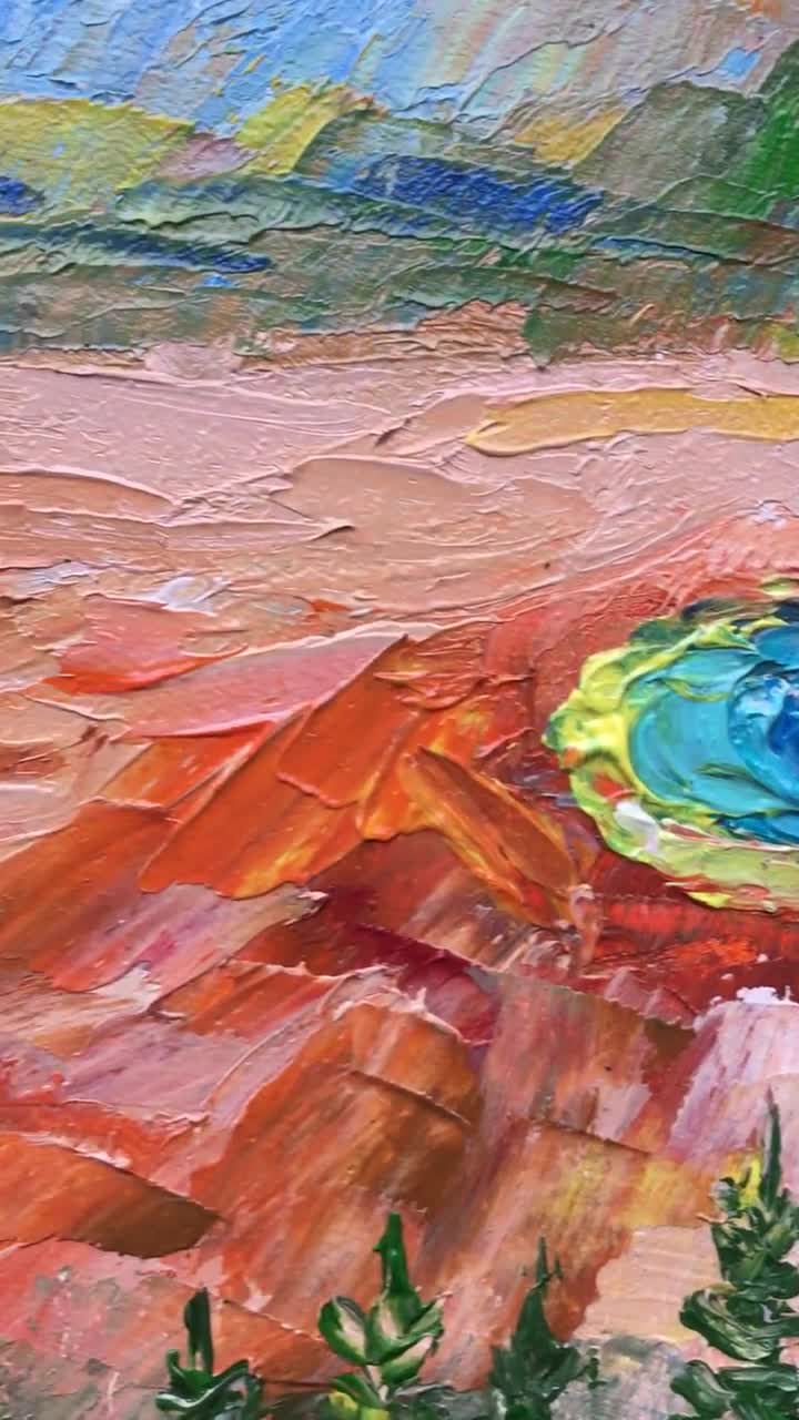イエローストーン間欠泉の絵画：モンタナの風景を描いたインパスト油彩
