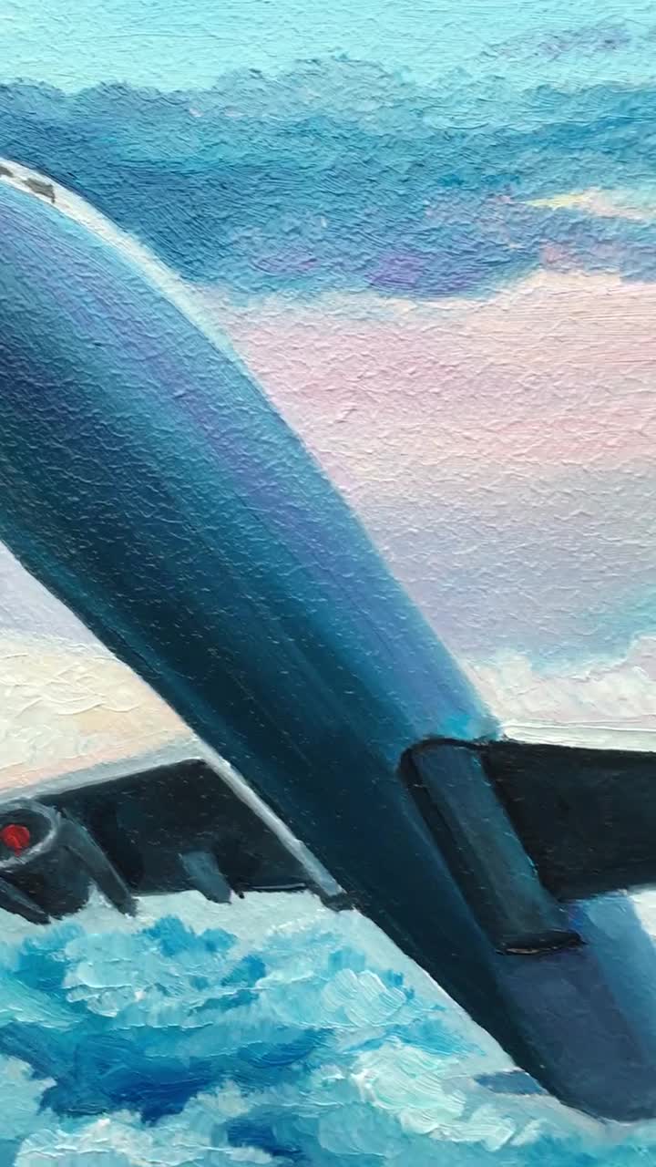 飛行機の油絵：空と雲のオリジナルアート（8x12） - Etsy 日本