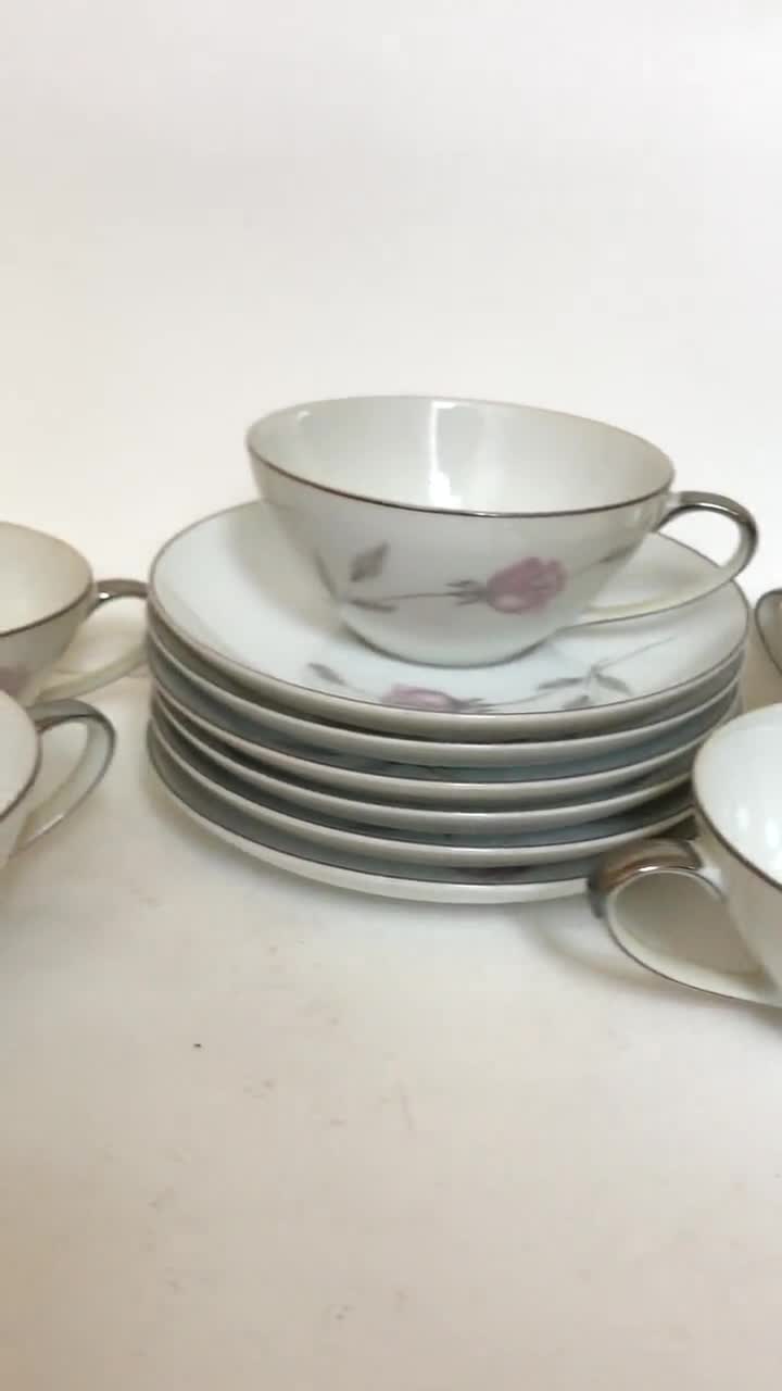 Mikasa Primrose 7 Flat Cups 6 Saucers White Fine China Pink Rose Gray  Leaves Discontinued Pattern Extra Dishes Replacement Dinnerware Sets