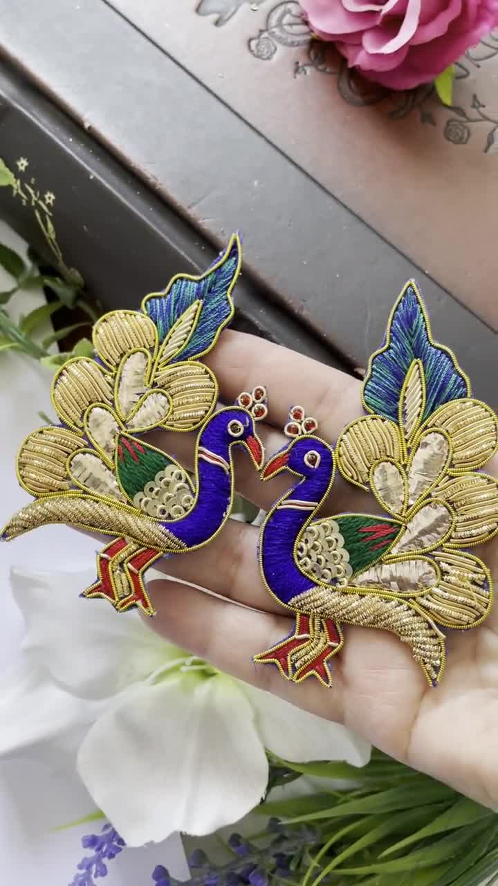 1 Pair Hand Embroidered Peacock Applique in Blue, Red and