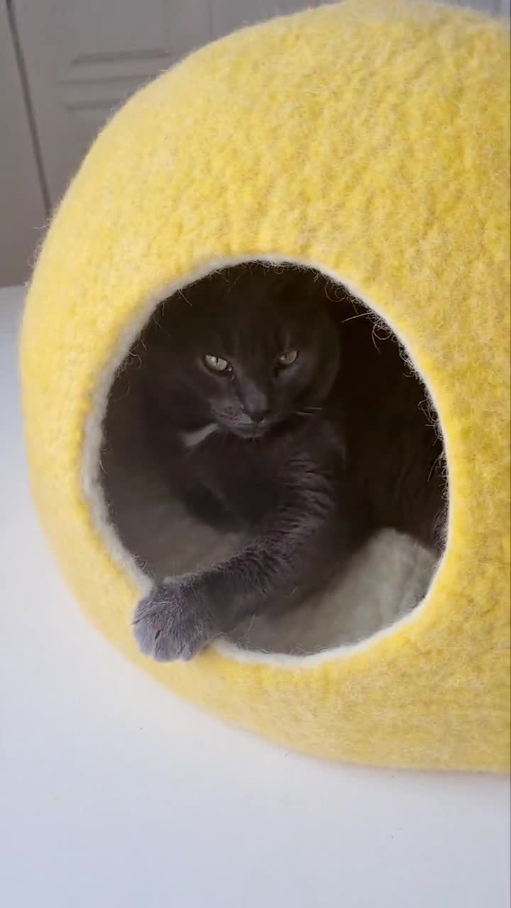 Cat bed bright yellow cat cave cat house cat cave felted wool cat selling bed - lemon yellow with natural white - gift for cat - cat nap