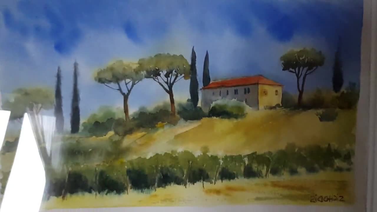 Watercolor Tuscany Original landscape 7,5'' x 11'' Pine trees, summer  Tuscany clouds