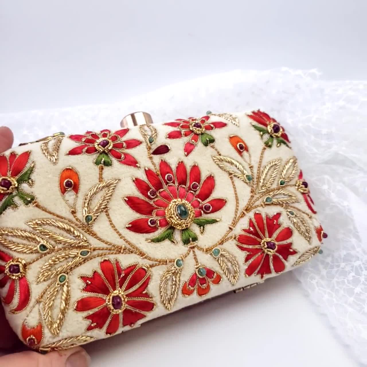 Luxury ivory velvet clutch bag hand embroidered with red flowers, designer  evening clutch bag,OOAK floral handbag,wedding clutch,party purse