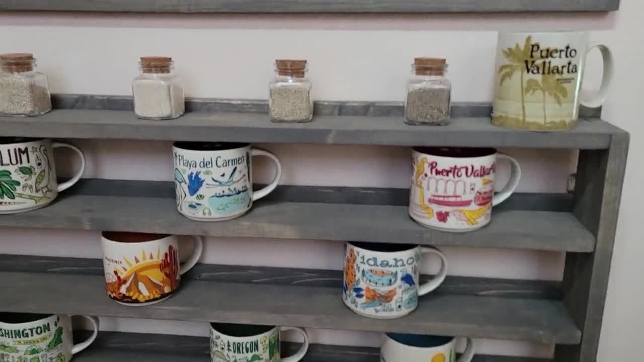 You Are Here Mug Rack - Been There Coffee Mug Rack - Xlarge Coffee Rack  Shelf - XL You Are Here Mug Collection Display Shelf With Sign