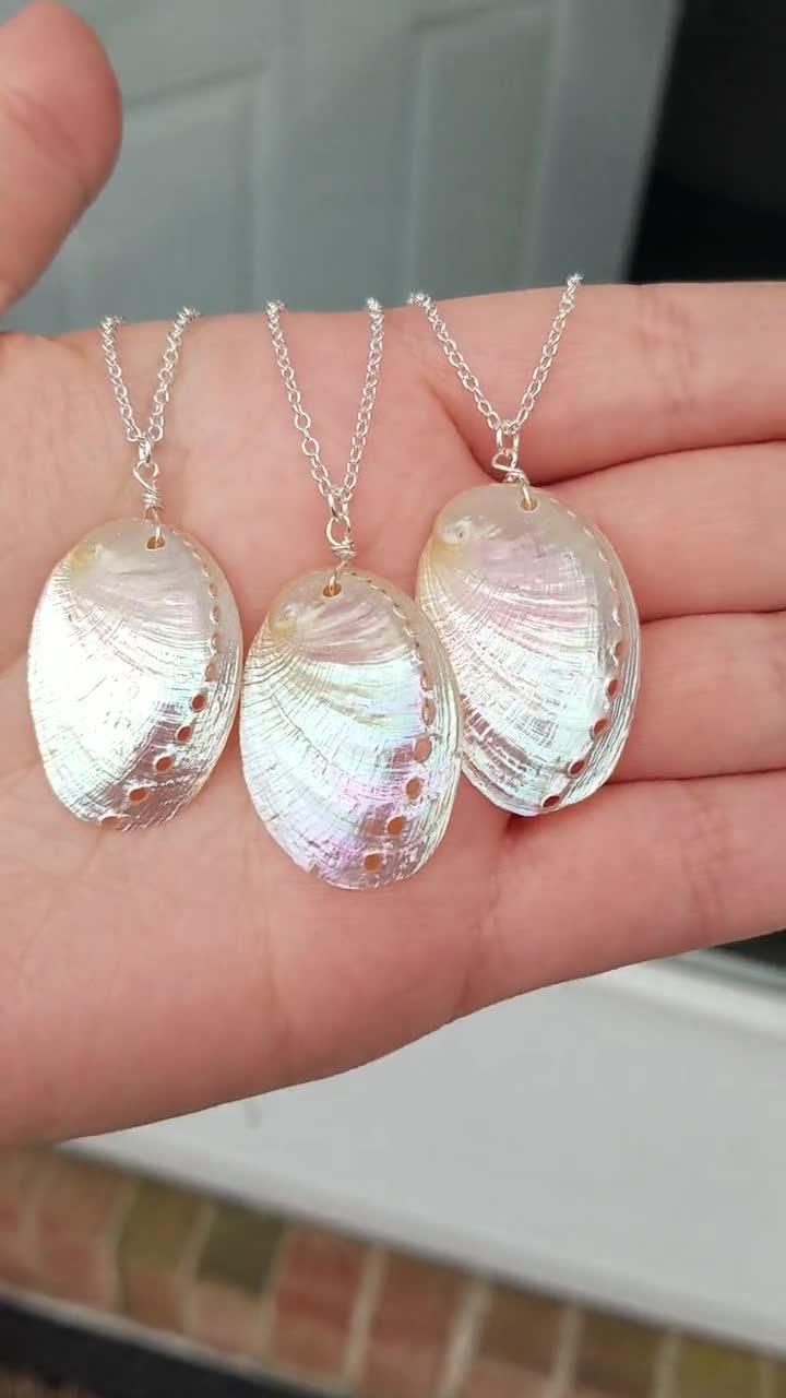 Real Natural Aura Pearlized Iridescent Rainbow Abalone Shell Seashell  Mermaid Island Beach Wedding Ocean Sea 925 Silver Charm Necklace 18