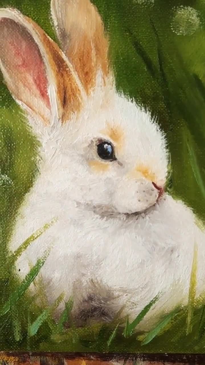 Pintura de conejito de Pascua al óleo original, Lienzo de arte pequeño,  Pintura de liebre, Obra de arte animal, Decoración de pared de guardería,  Regalo de conejo, Decoración de Pascua