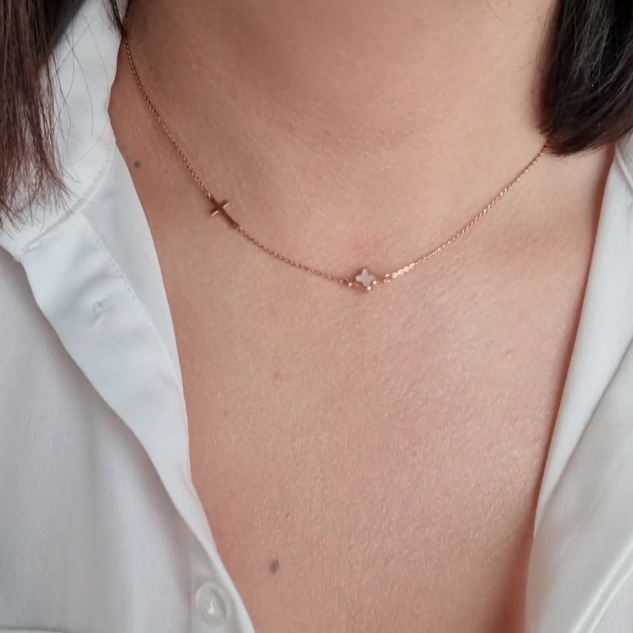 9K Tiny Rose Solid Gold Mother of Pearls Cross Chain Pendant. Minimalist  Christian Necklace. Classy Women Cross Casual Charm Necklace.