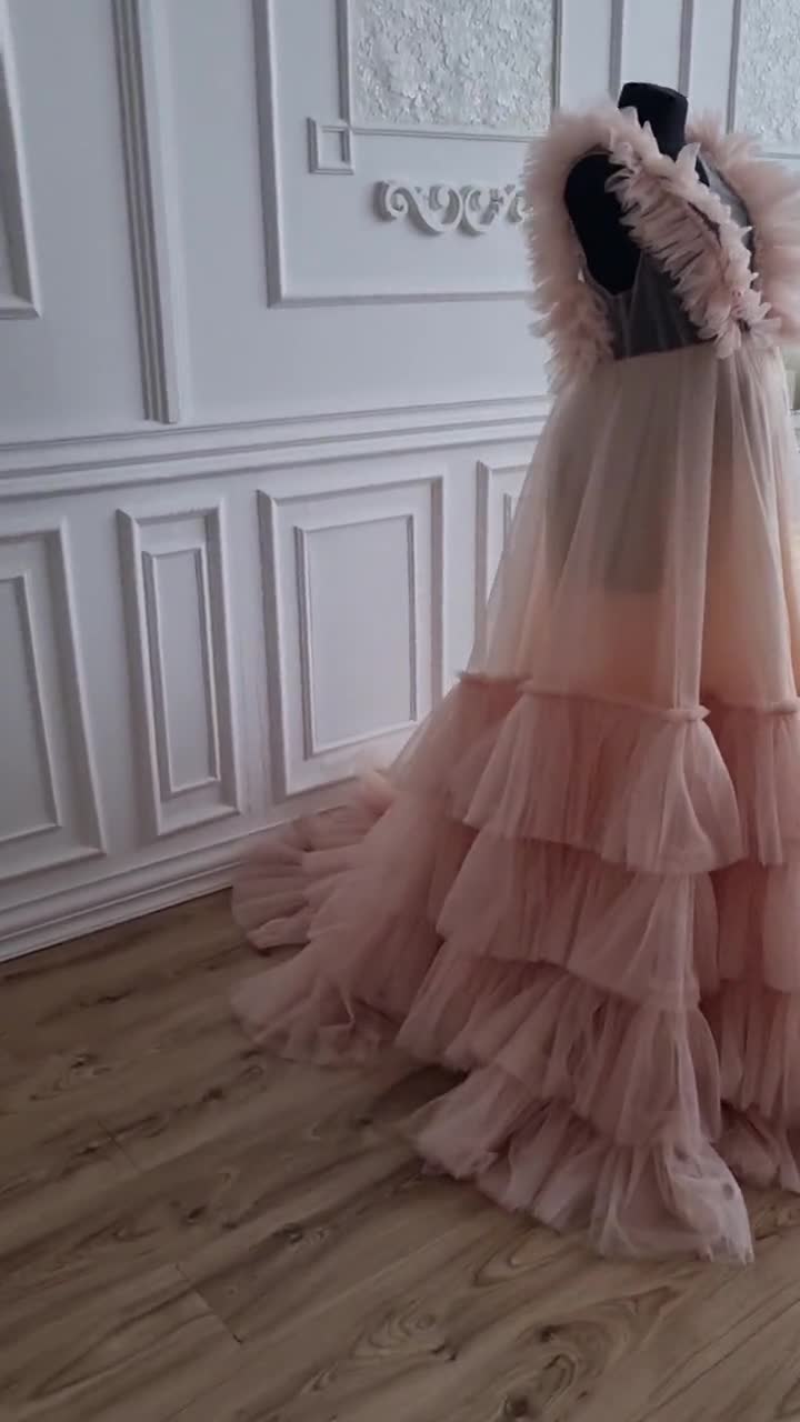 Peach Tulle Gown Dress Maternity Dress For Photoshoot Ruffle Tulle Tiered Gown Maternity Bridal Dress Pregnancy Gown Baby Shower Dress