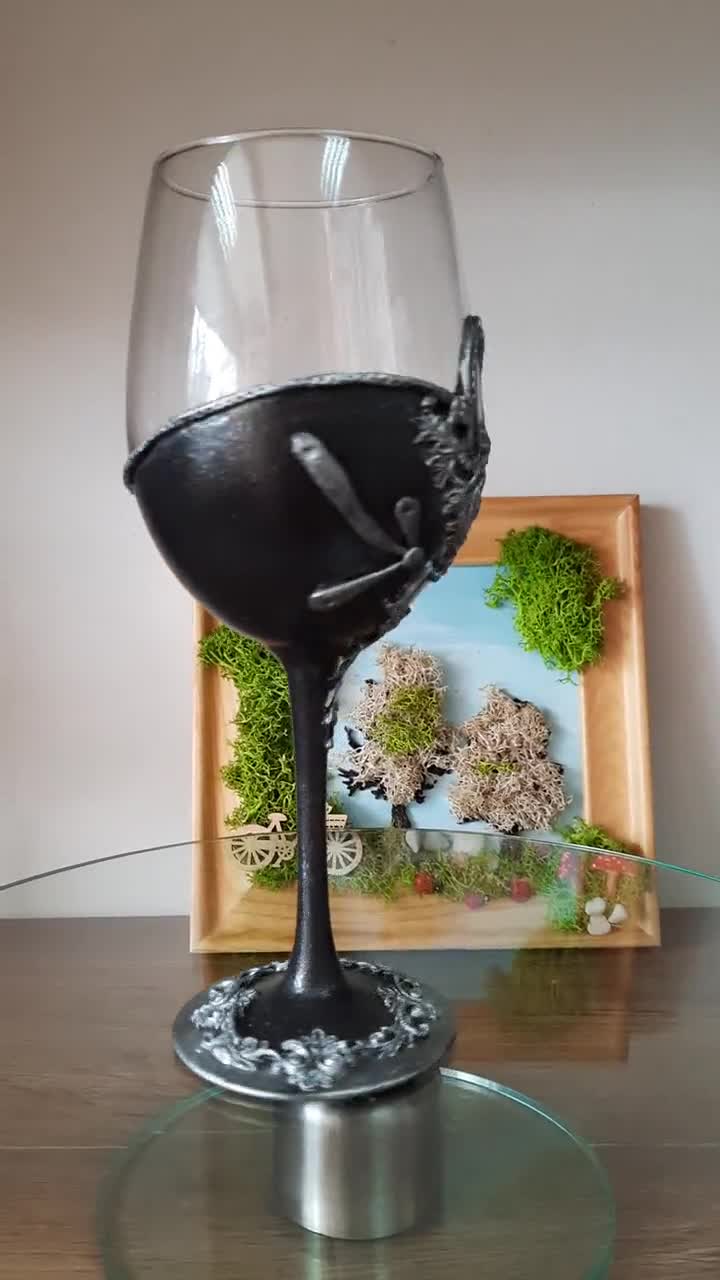 Black Wine Glasses. Gothic Decorated Wine Glasses, Luxury Gift