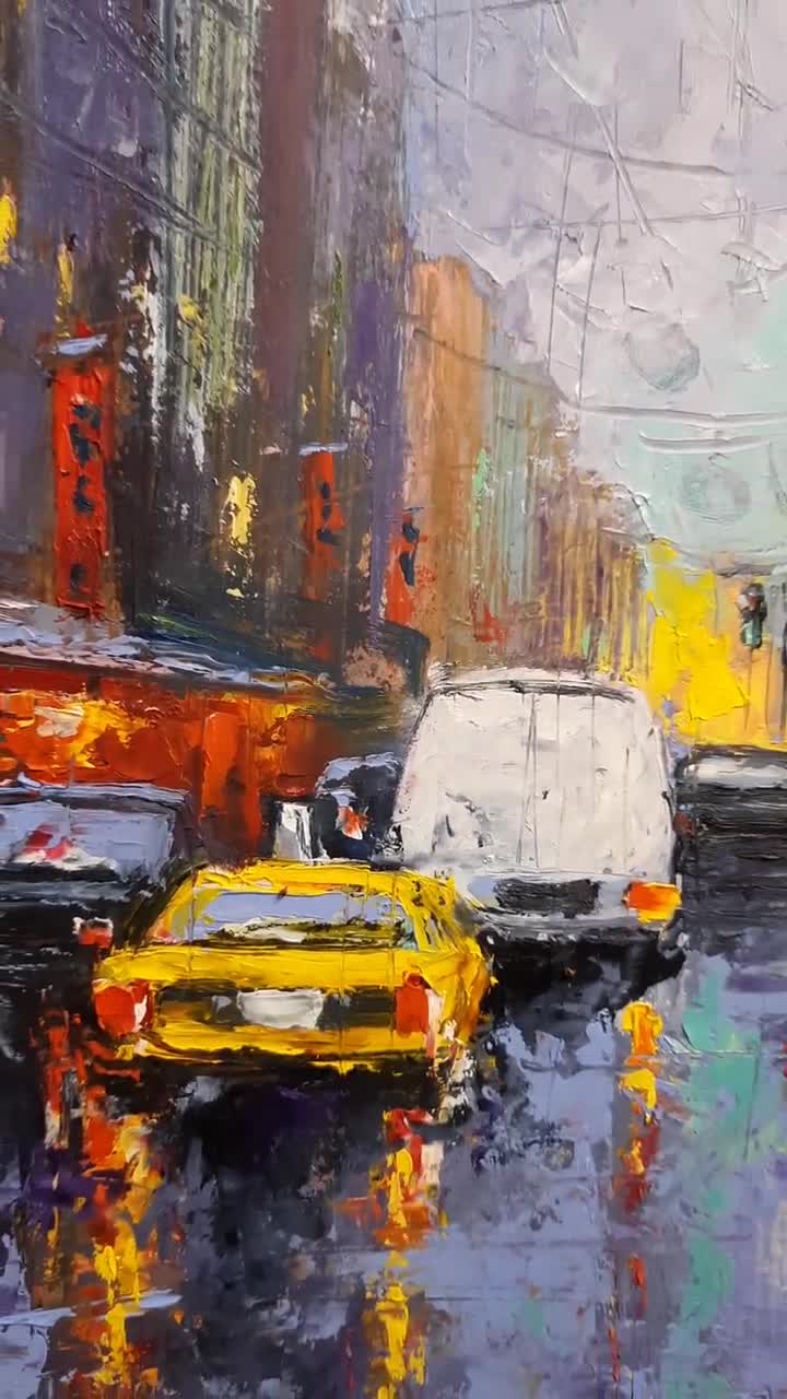 New York Painting Rainy City Original Art Cityscape Artwork Small City  Impasto Architecture Wall Art 8 x 10 By NatalyArtUa