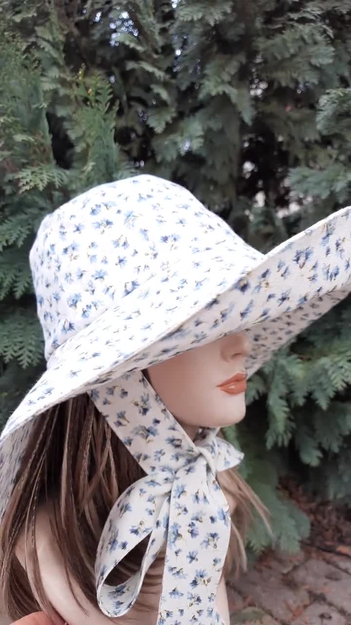Women Linen Summer Sun Hat Panama, White Linen on Blue Small Flowers Sun Hat,  Women Sun Hat With Wide Brim and Drawstring -  Canada