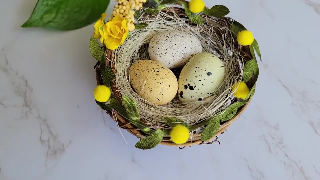 Grazioso nido di uccelli di Pasqua giallo con uova e fiori per la