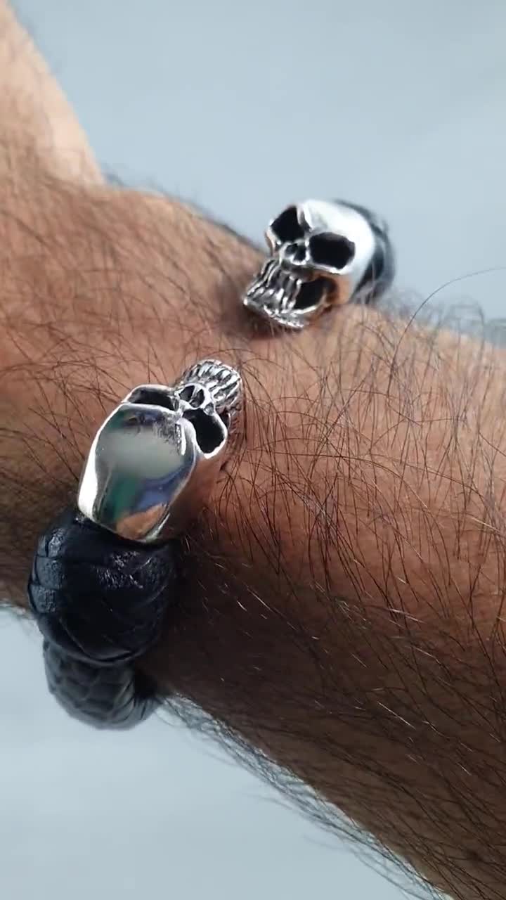 Mens Braided leather and .925 Sterling Silver Skulls popular handmade.