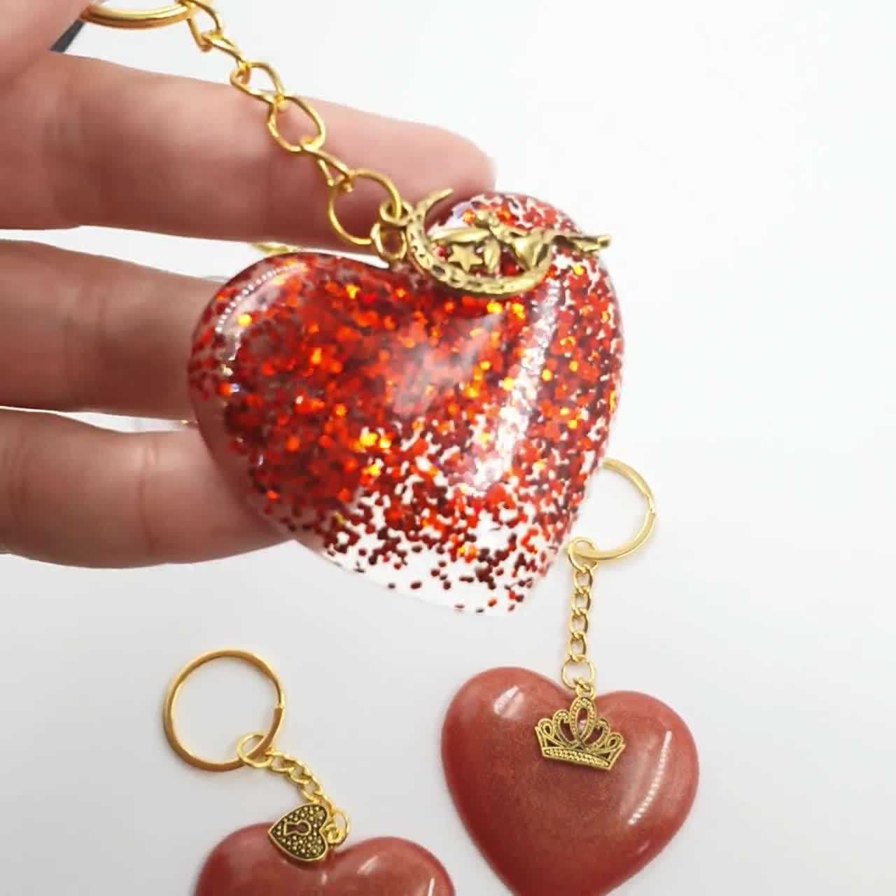 Handmade Red Resin Heart Keyring, Resin Keychain With