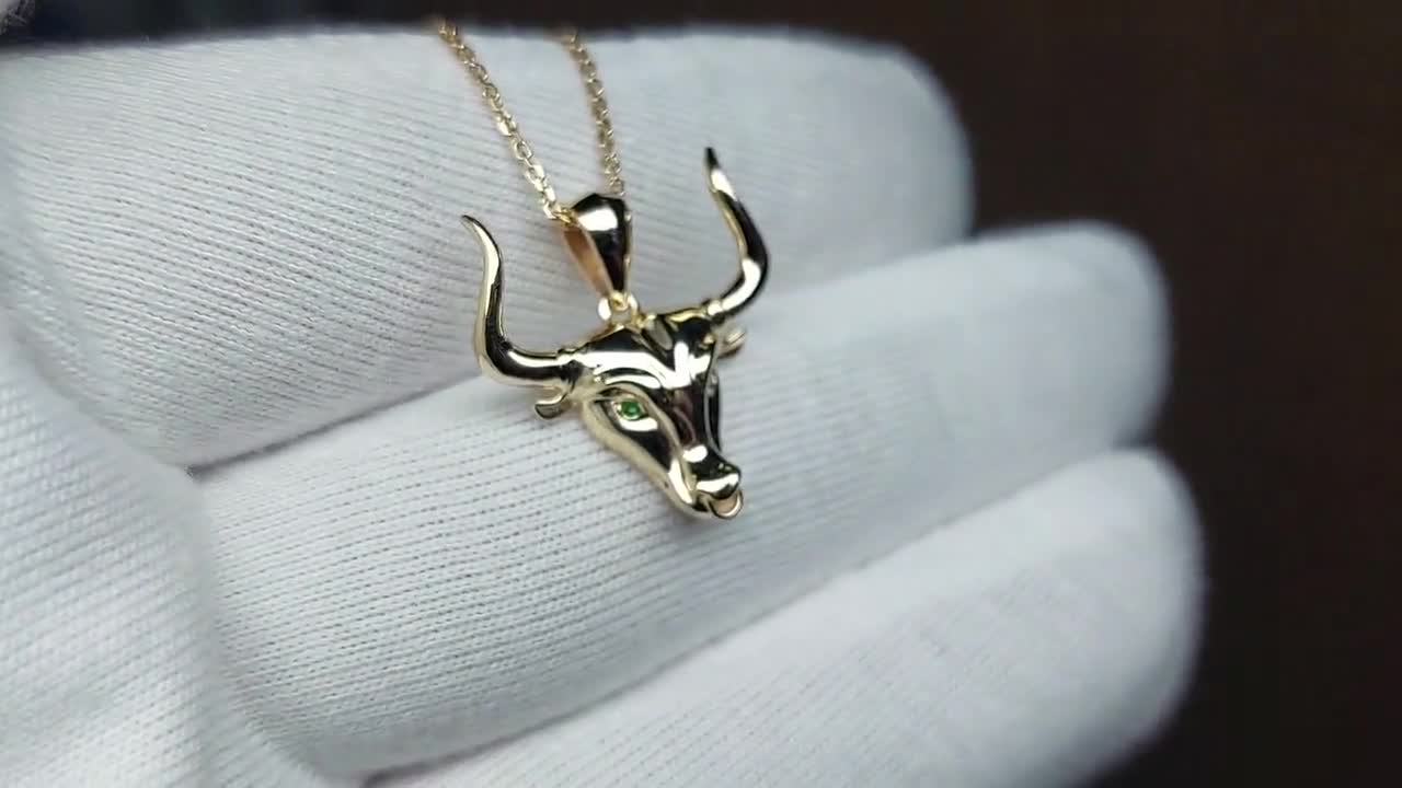 14k Gold Bull necklace, Taurus Pendant Set with Emeralds Eyes