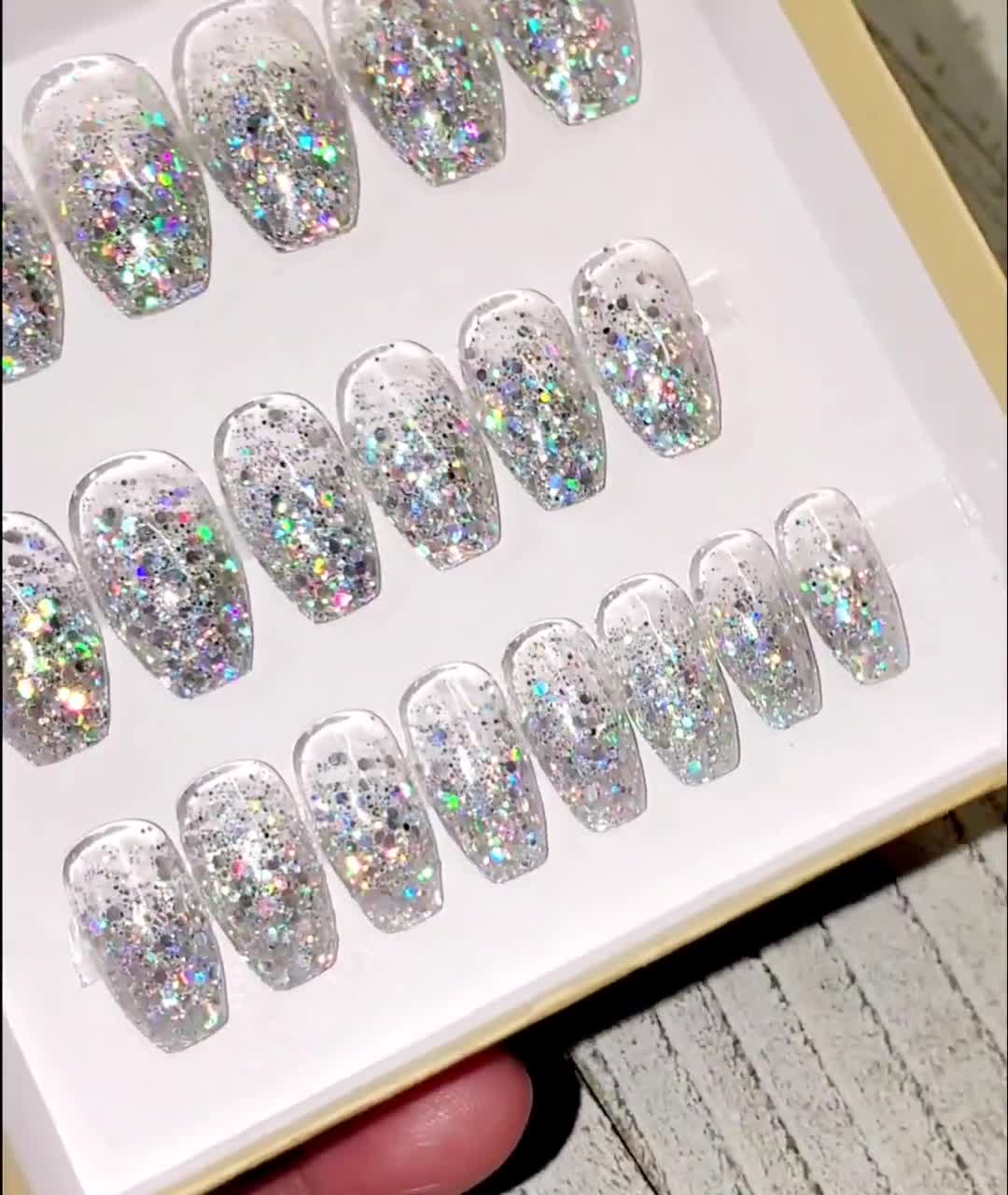 TJJL Fake Nails Geometric Triangle Toes Fake Nails Silver Glitter