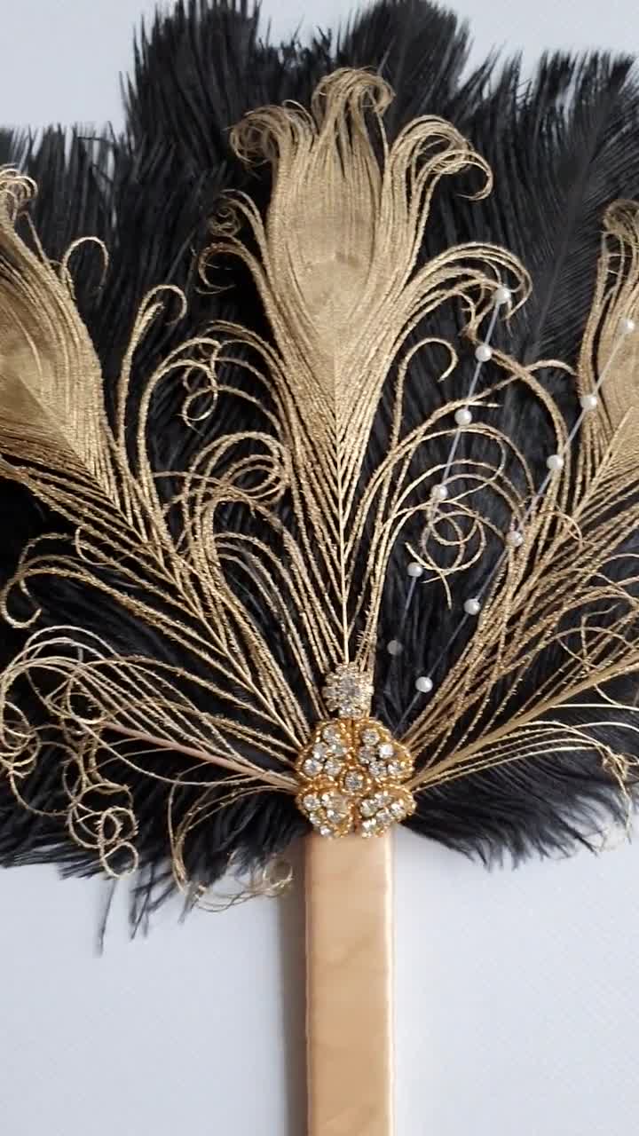 Ventaglio di piume d'oro nero Fan damigella d'onore Ventaglio di piume di  struzzo Ventaglio da sposa Bouquet da sposa Gatsby 1920 Bouquet piume di  ventaglio di nozze fiore all'occhiello -  Italia