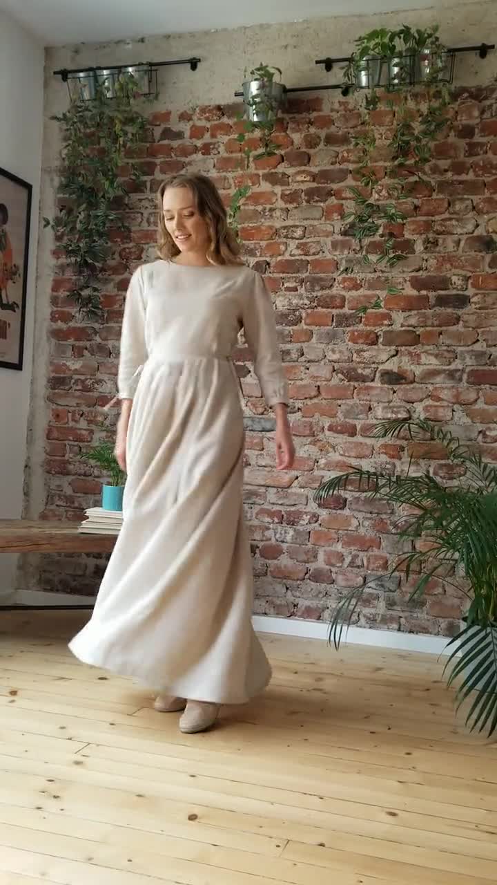 Maxi Linen Wedding Dress, Linen Formal Dress, Empire Waist Dress, Wedding  Guest Dress, Pleated Modest Dress, Elegant Natural Linen Dress 