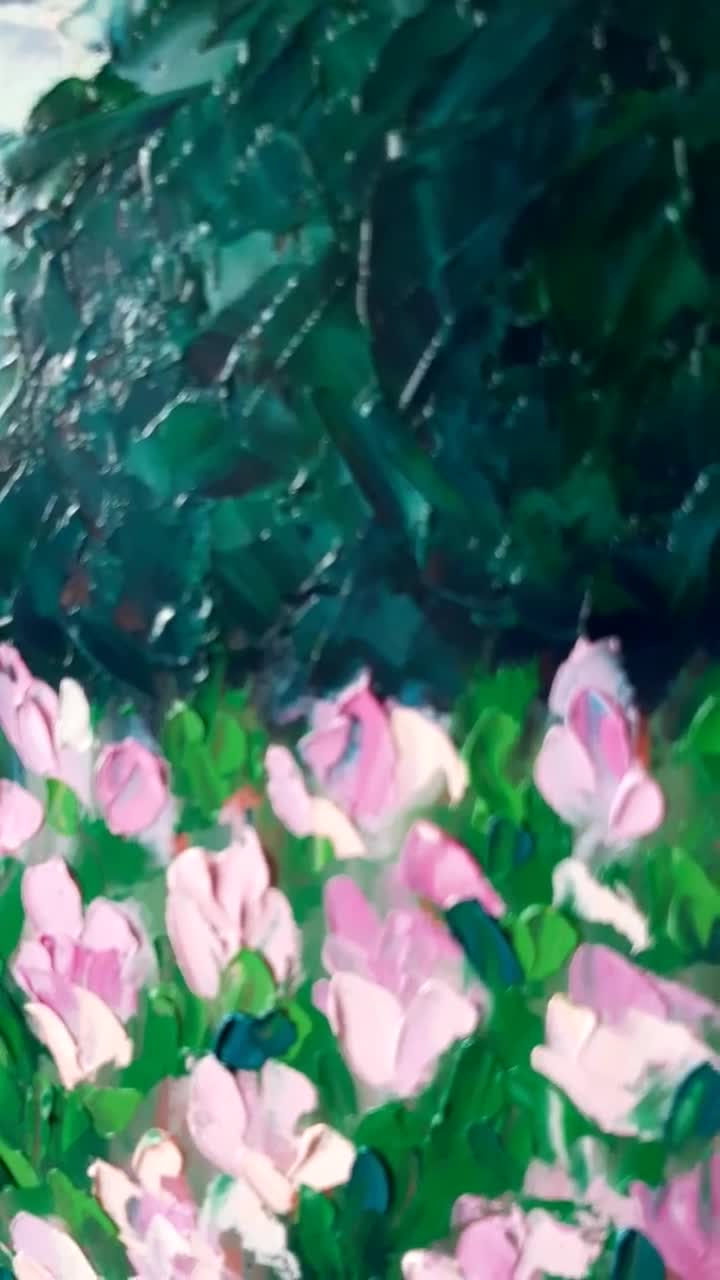 Pintura al óleo de altramuces empastada, paisaje de montaña original, lienzo (16 x 12) video poster