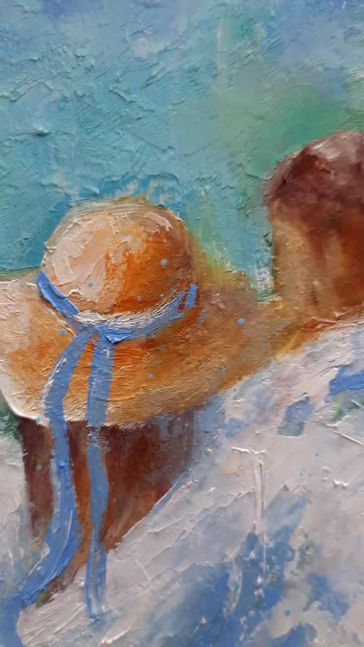 カップルの油絵 恋人たちのオリジナルアート 海景壁アート 海岸アート