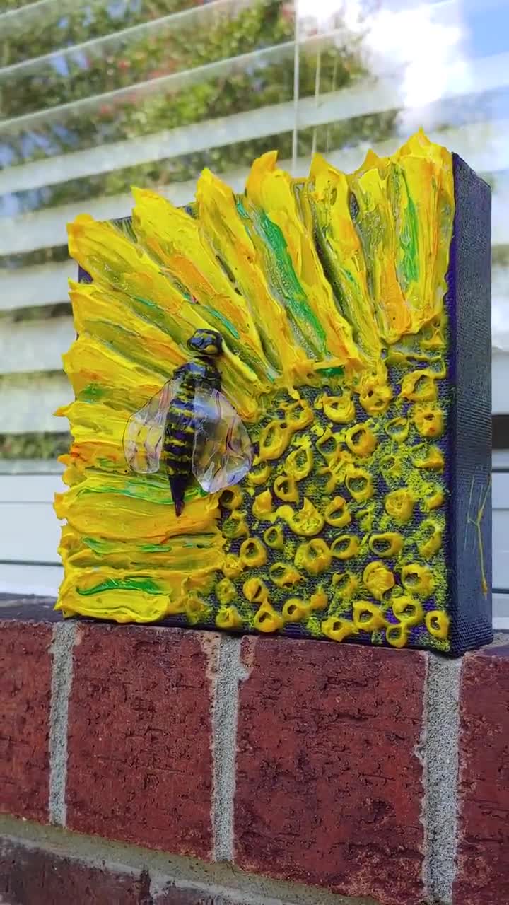 Honey Bee Decor, 6-inch Bee on Sunflower Canvas, Bee Wall