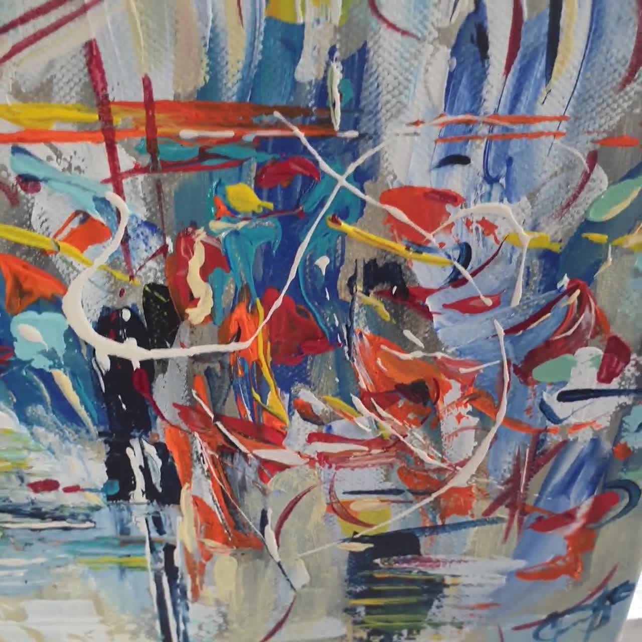 明るい抽象キャンバス絵画：カラフルなモダンアートワーク（8x8インチ
