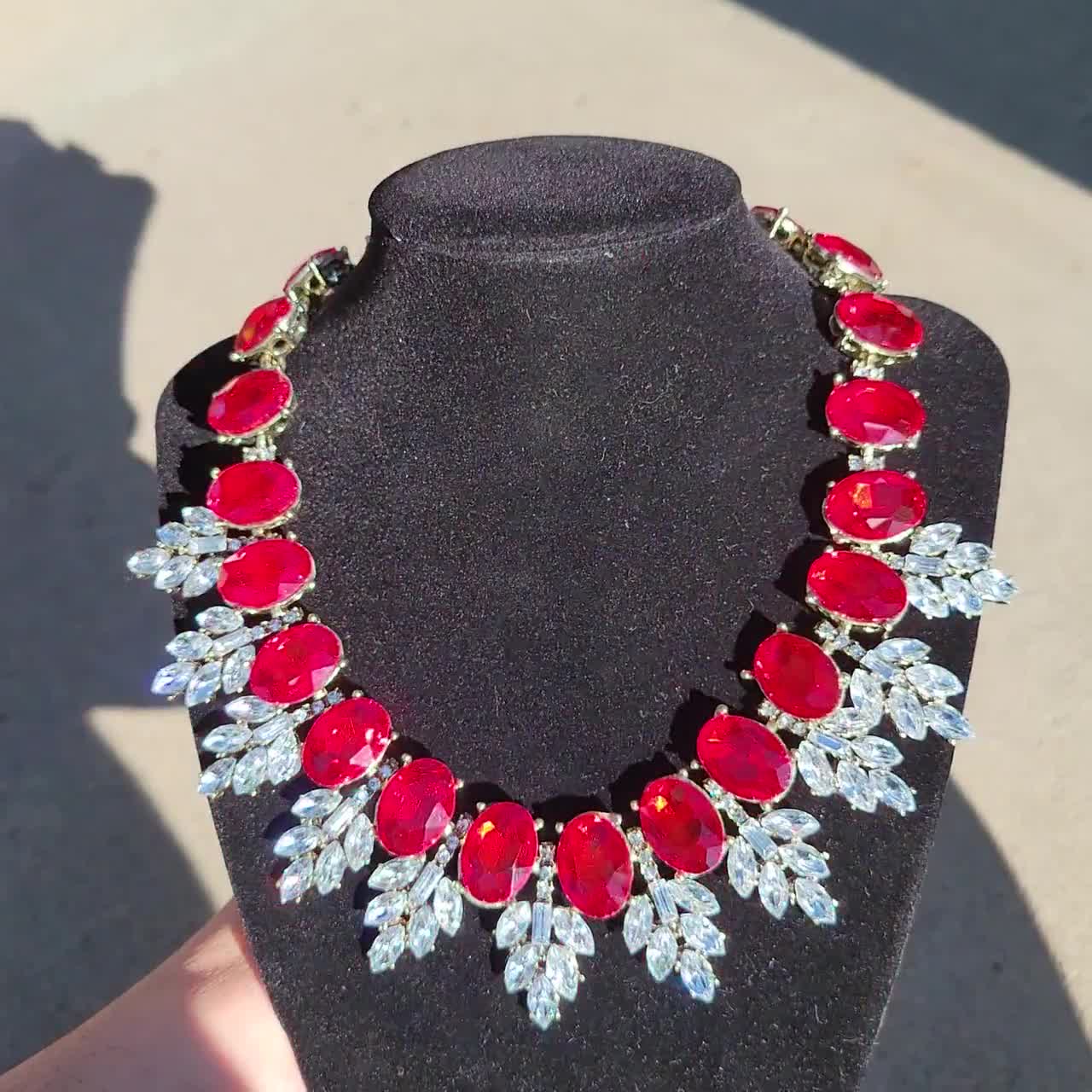 Ruby Red and Clear Duchess Crystal Diamond Rhinestone Bib Royal Statement  Necklace Costume Jewelry 