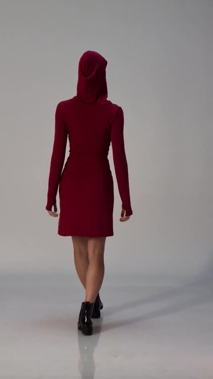 Burgundy Hooded Sweatshirt Dress with Dust Mask