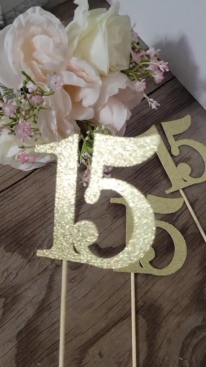 Giuffi 15th Birthday Centerpiece Sticks Silver Glitter Number 15 Party Table Toppers Flower Picks Anniversary Party Supplies - Pack of 10