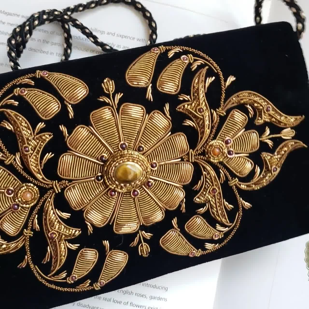 Black velvet evening bag, embroidered floral party clutch, OOAK statement  handbag, zardozi purse,luxury handbag,formal purse,gifts for her