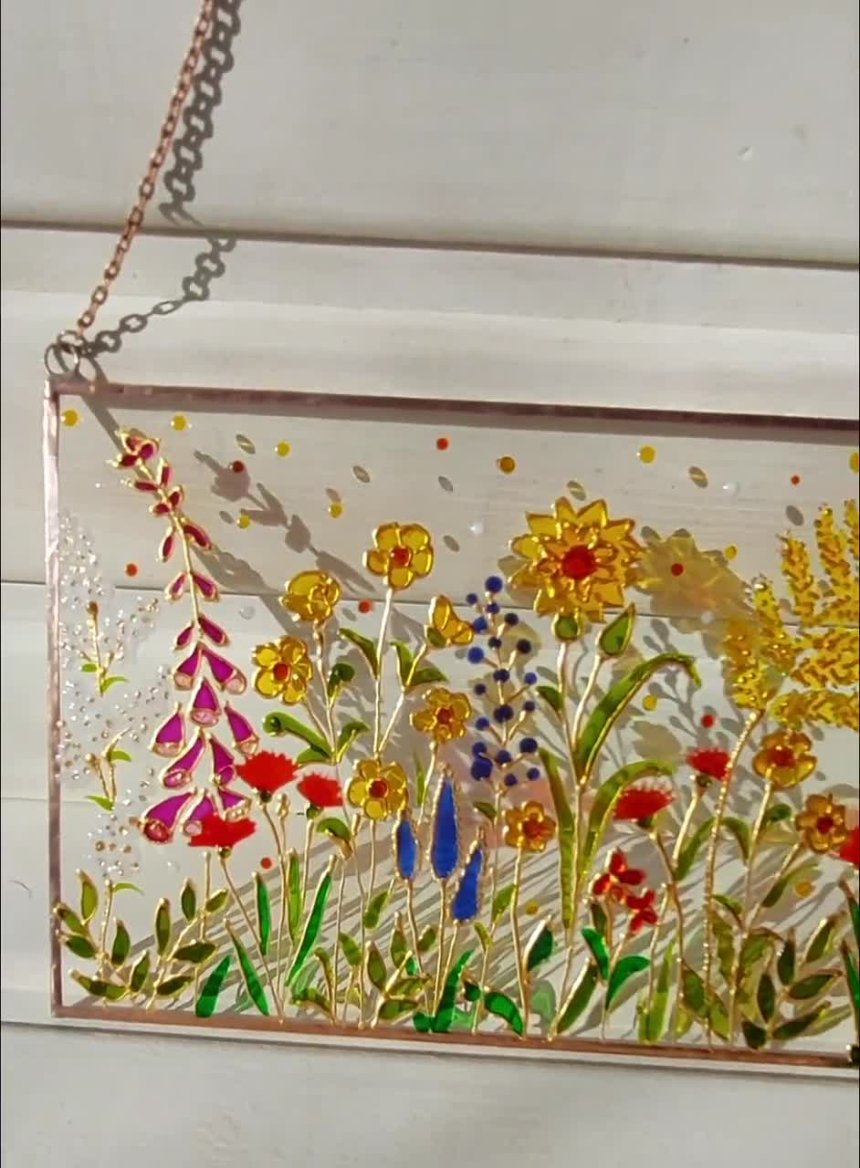 Wildflowers Sun Catcher. Hand Painting Stained Glass Window Hanging.  Botanical Glass Art. Window Modern Art. Colorful San Catcher 