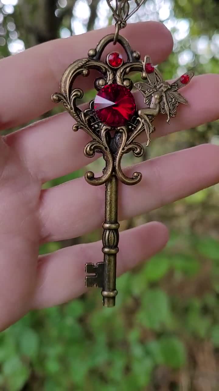Romantic Elvish Key Necklace With Red Swarovski Crystals 