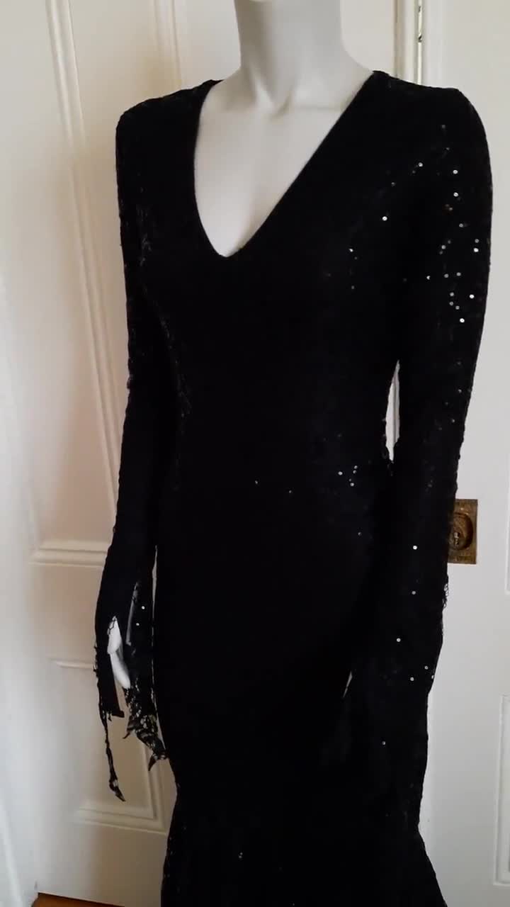 Gothic Goddess Sexy Morticia Addams Inspired Deluxe Sequin Lace Costume Gown