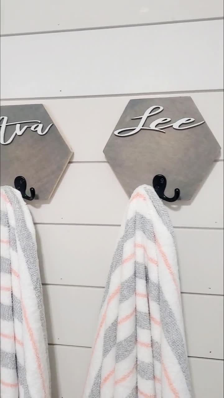 3D Towel Hook, Wood Bathroom Sign, Back Pack Hooks, Kids Name Sign