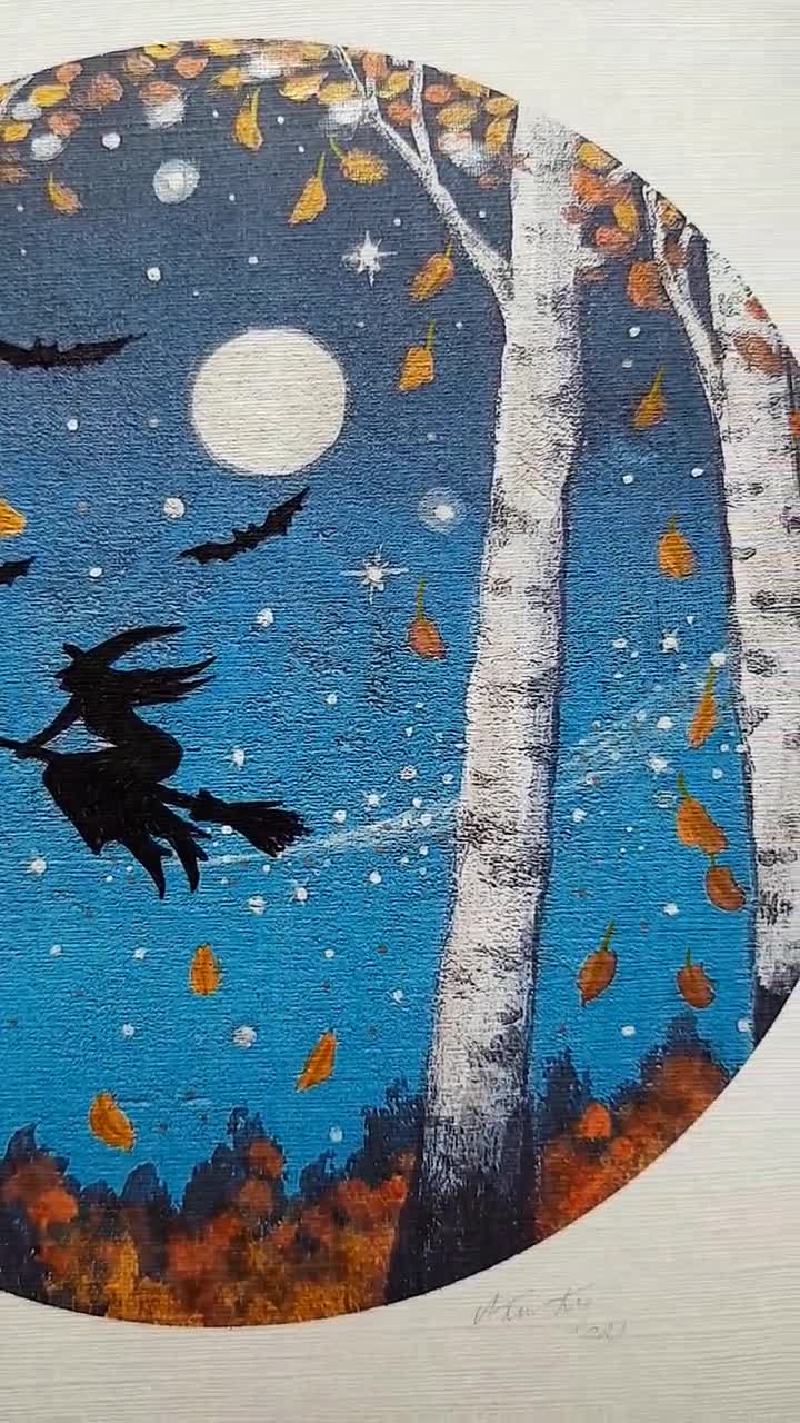 Magica stampa fine art strega volante, stravagante foresta hag bambini  illustrazione, fiabe stampa foresta di betulla, carino pittura spirituale  Samhain -  Italia
