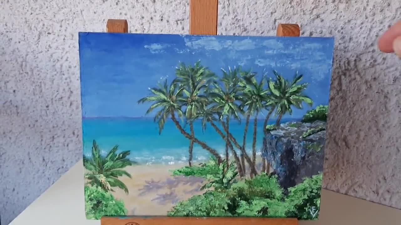 オリジナルのヤシの木の絵画：海岸のビーチの海景アクリルアート（6x8