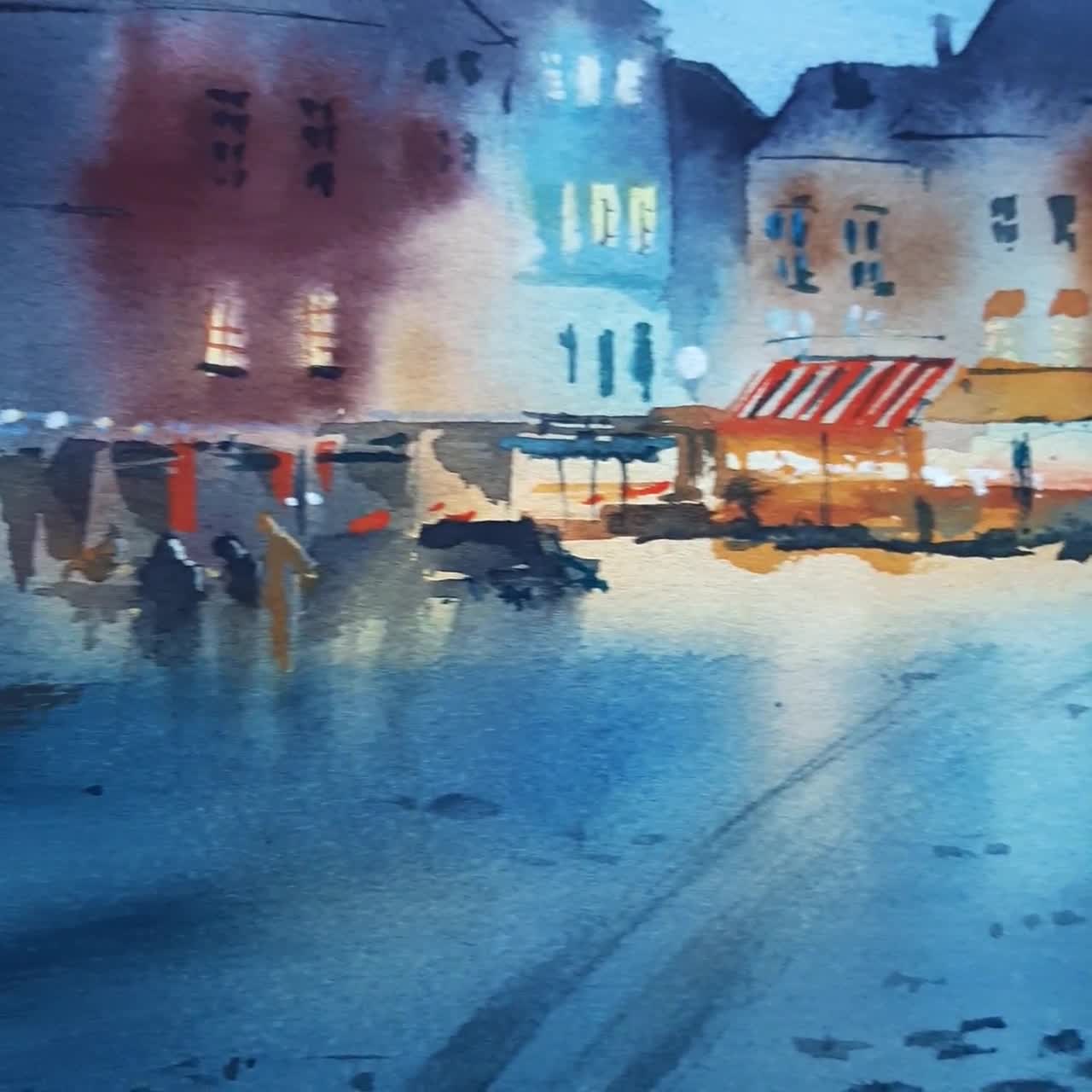 オンフルールの夕べ、手作りの絵画、水彩画の習作、水彩画作品、夜景
