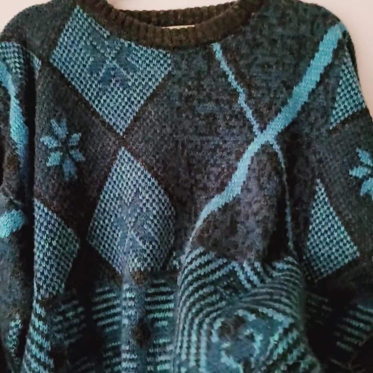 Vintage 90s Patterned Knit Sweater - Blue Geometric Pullover - Etsy