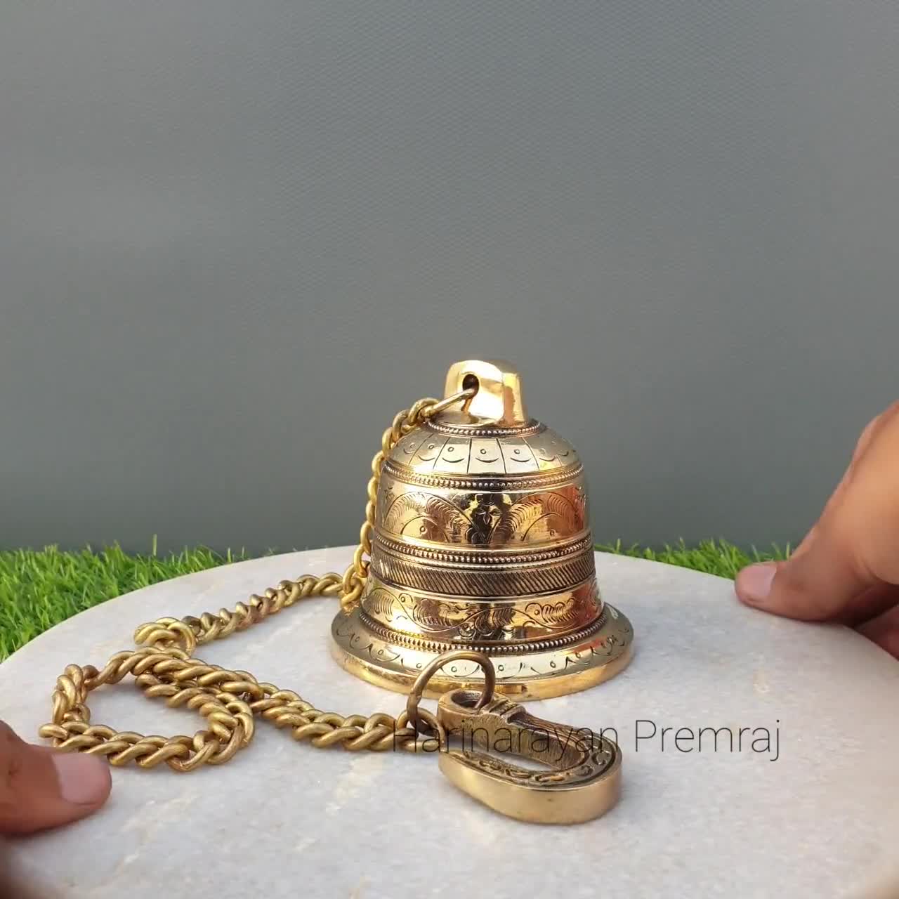Set of 2 Brass Wall Hanging Bells Home Temple 3 x 4 Inch- Chain Length 20  Inch