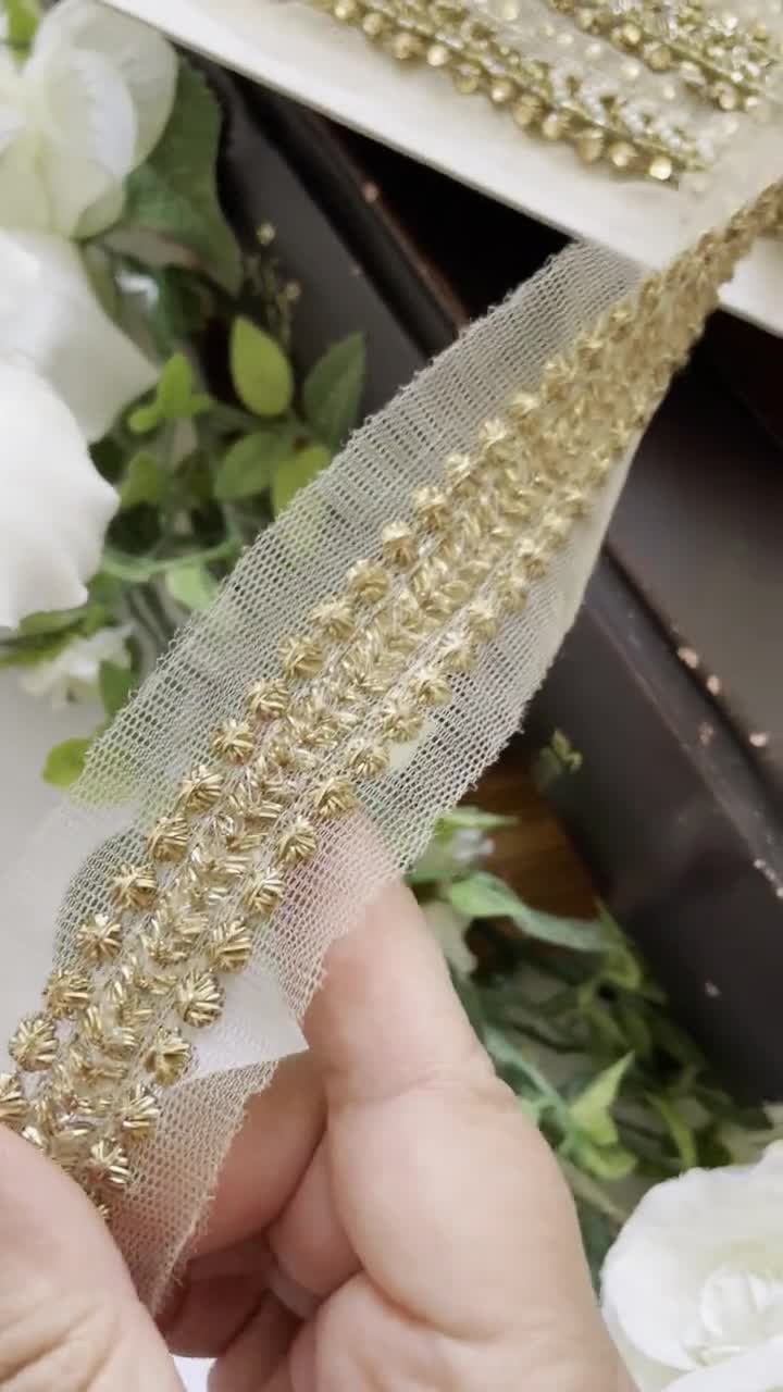 1 Yard Gold Indian Zari Crystal Stone Mirror Pearl Embellished Net Fabric  Trim Sari Dupatta Lace Trim Border, 11.5 Cm Wide 