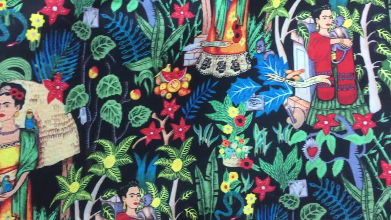 Frida Kahlo Garden Fabric: Black Background, Upholstery & Drapery, 56 Inch video poster