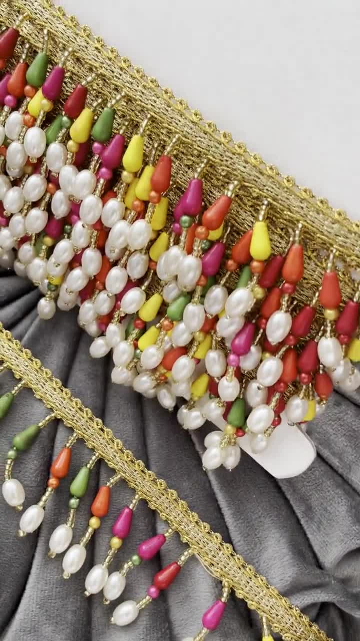 1 Yard Multicolour Tassel Trim Beaded Fringe Trim Indian Bead Lace Dupatta  Border Crafting Bag Dress Glass Bead Trim 4.3 Cm Wide 