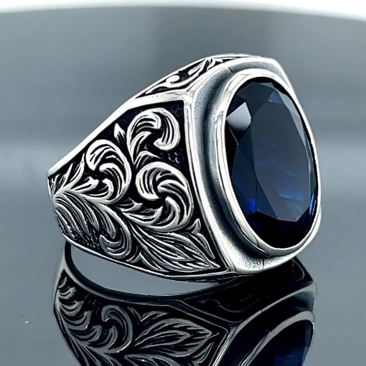 Men Blue Stone Ring Silver Sapphire Stone Ring Turkısh - Etsy