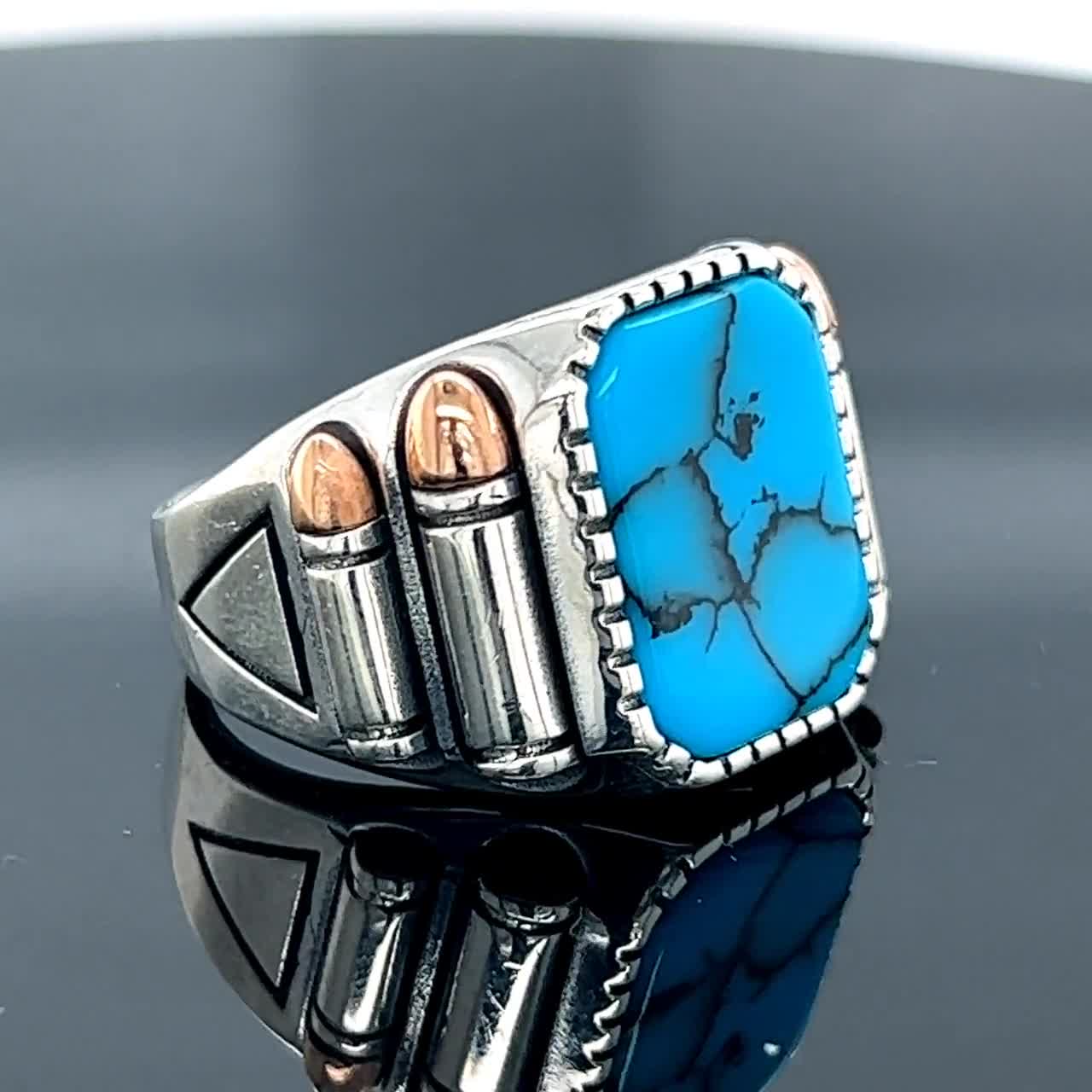Men Handmade Turquoise Stone Ring , Silver Bullet Model Ring