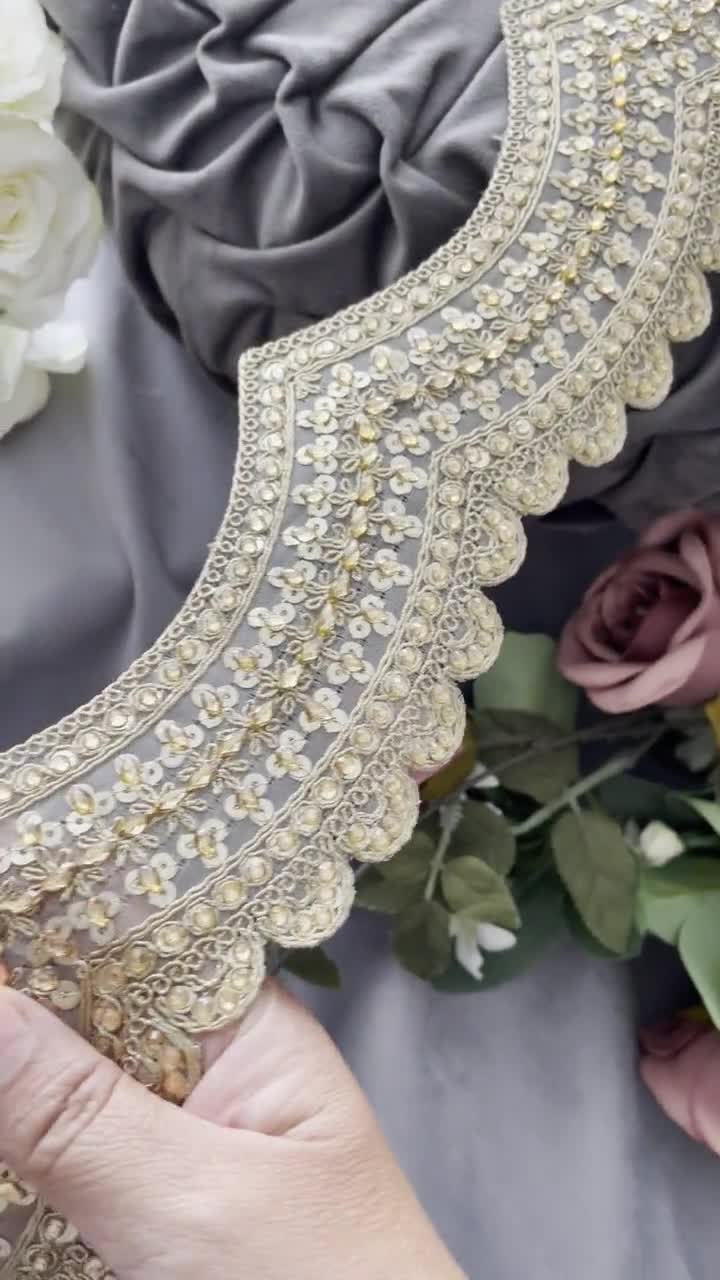 1 Yard Gold Indian Zari Crystal Stone Mirror Pearl Embellished Net Fabric  Trim Sari Dupatta Lace Trim Border, 11.5 Cm Wide 