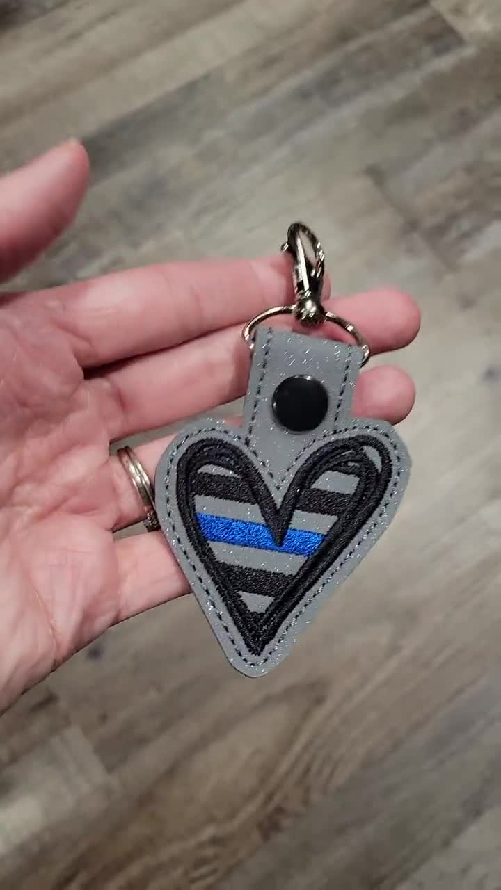 Thin Blue Line Heart Glitter Keychain Police Wife 
