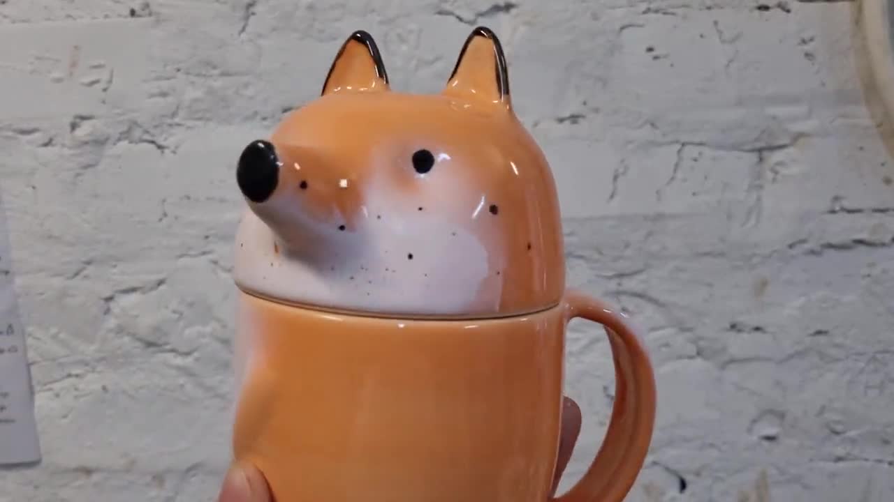 Fox Pottery Coffee Mug With Lid, Large Red Orange Lidded Mug, Tea
