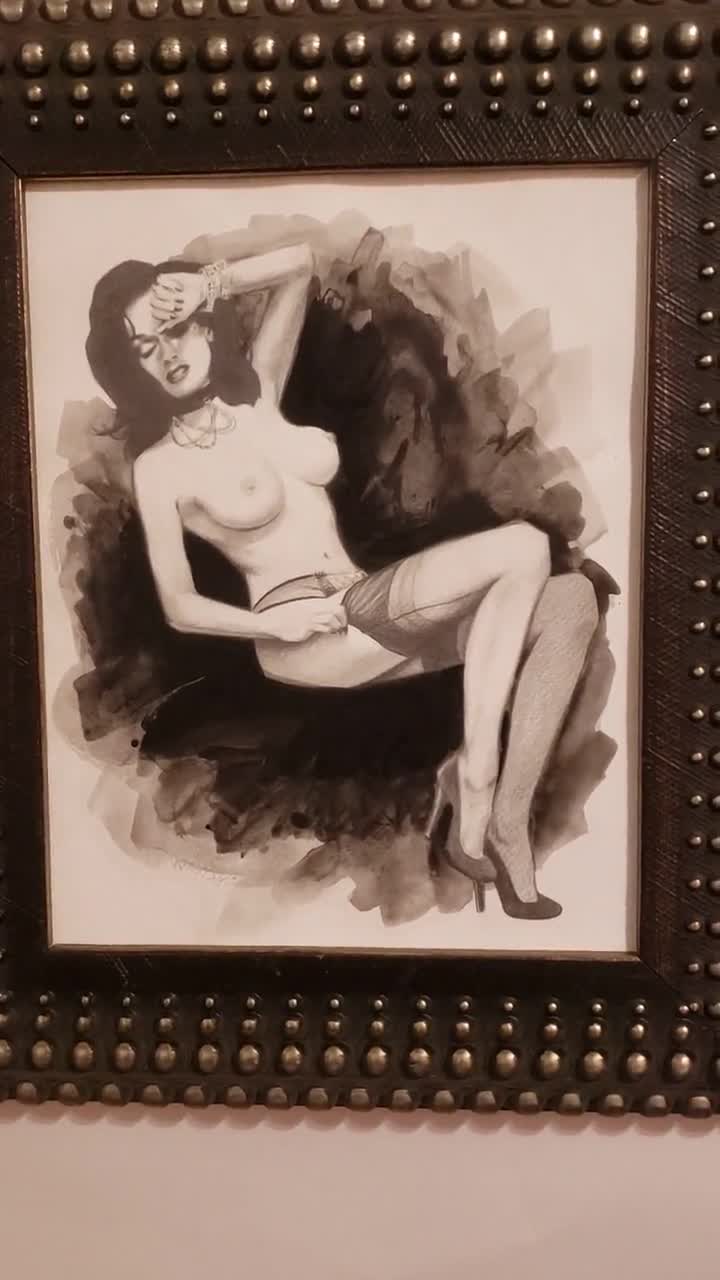 ORIGINAL DRAWING Dita Von Teese - Topless Pinup Model in Stockings Pencil  Art - Gothic Vintage Glamour - 11x14 with Studded Frame Option