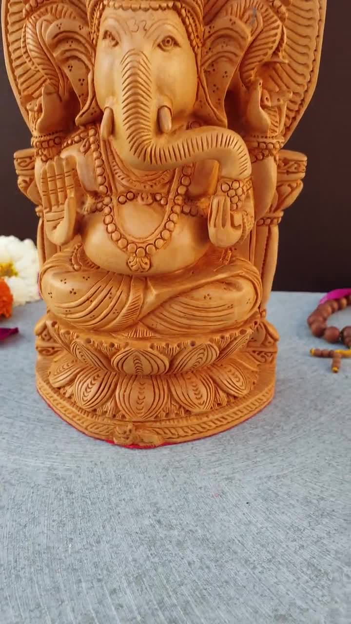 ガネーシャ神像 - 8インチの木製手彫りガネーシャ像、ガナパティ